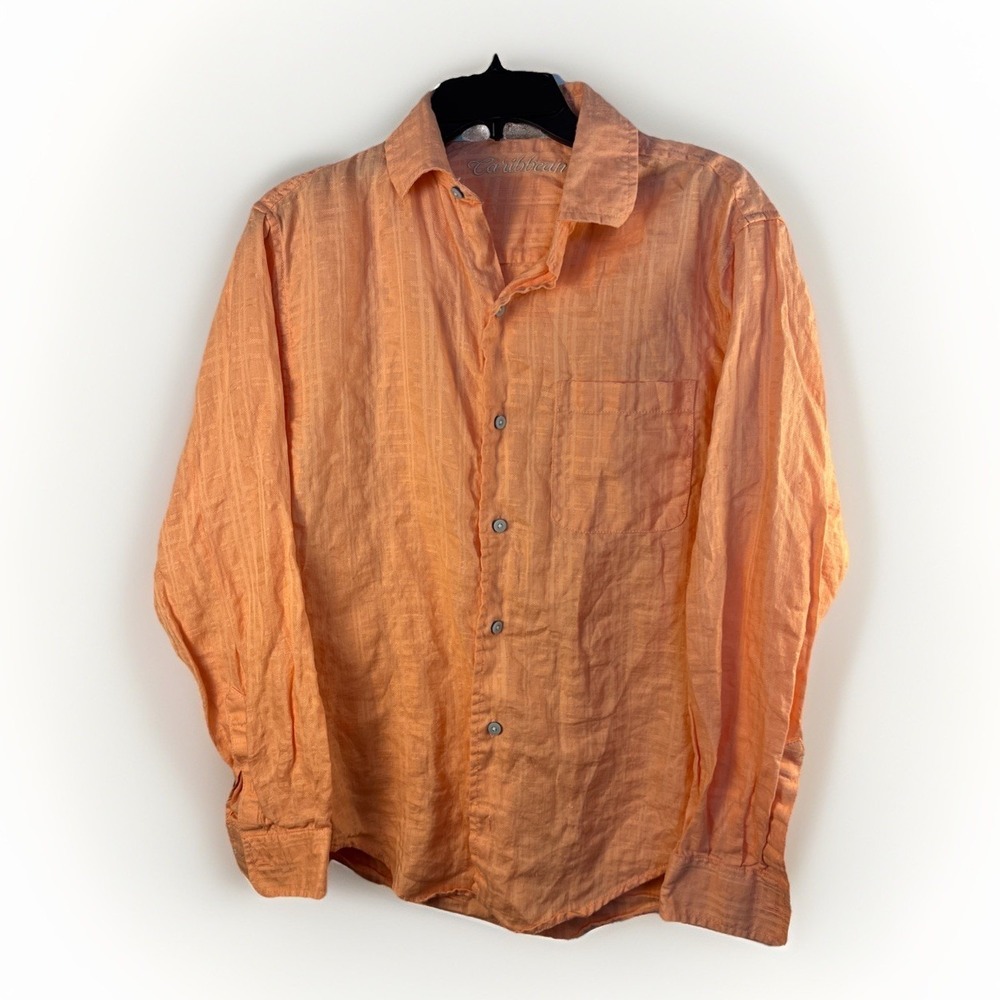 Caribbean Peachy Orange Linen Button Up Top Beachy Coastal Roll Tab Sleeve Small